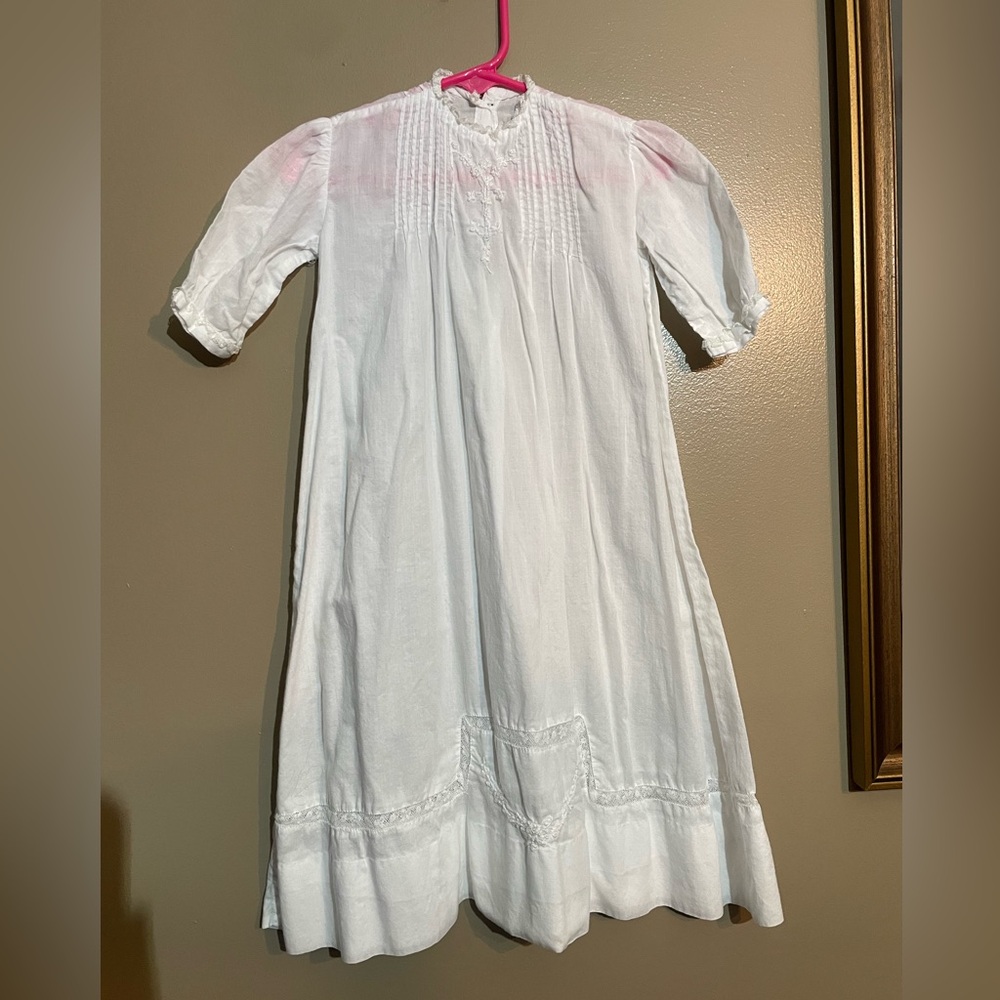 Vintage Antique Handmade White Cotton Embroidered Christening Gown